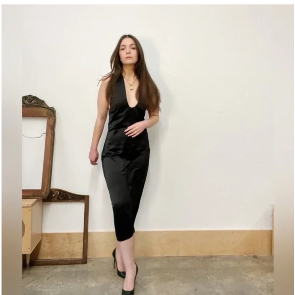 NWT Jason Wu Black Satin Halter Plunging U Neckline Midi Dress